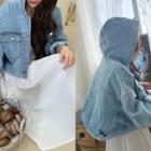 Hooded Drop-shoulder Denim Jacket Light Blue - One Size