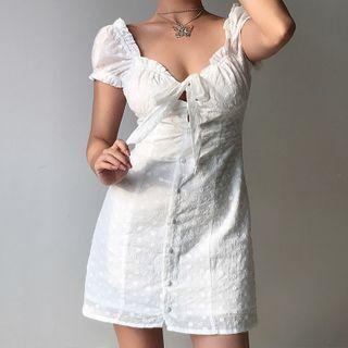 Eyelet Short-sleeve Bow Button Mini A-line Dress