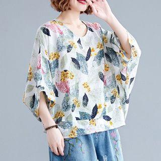 Leaf Print 3/4-sleeve T-shirt Flower Leaf - One Size
