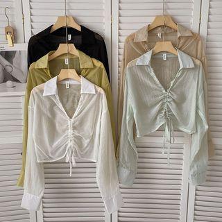 Long-sleeve V-neck Plain Chiffon Light Top