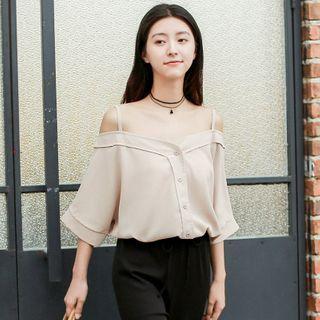 Cold-shoulder 3/4-sleeve Blouse Light Khaki - One Size
