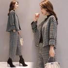 Set: Houndstooth Open-front Jacket + Cropped Wide-leg Pants