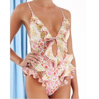 Spaghetti Strap Floral Ruffle Trim Swimsuit