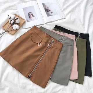 Zipper High-waist Suede A-line Skirt