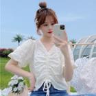 Puff-sleeve Floral Print Drawstring Top