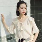Short-sleeve V-neck Ruffle Chiffon Blouse