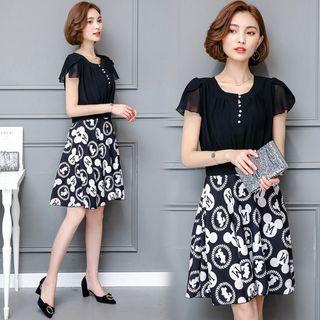 Print Panel Short-sleeve Chiffon Dress