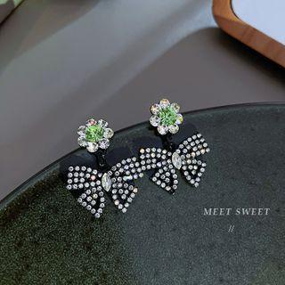 Flower Rhinestone Bow Dangle Earring 1 Pair - Silver Pin - Black - One Size