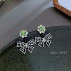 Flower Rhinestone Bow Dangle Earring 1 Pair - Silver Pin - Black - One Size