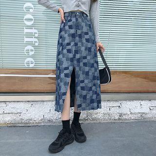 Check Slit Midi A-line Denim Skirt