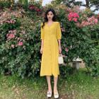 Plain V-neck 3/4-sleeve Dress Yellow - One Size
