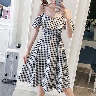 Plaid Cold-shoulder A-line Dress