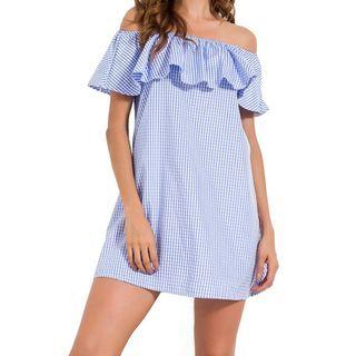 Off-shoulder Gingham Ruffle Trim Mini Dress