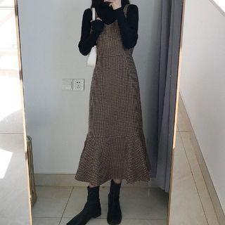 Ruffle Hem Midi Sheath Overall Dress / Long-sleeve Top