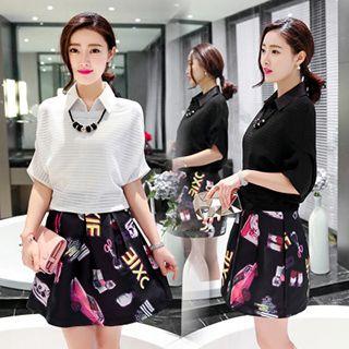 Set: Perforated Short-sleeve Top + Print A-line Skirt