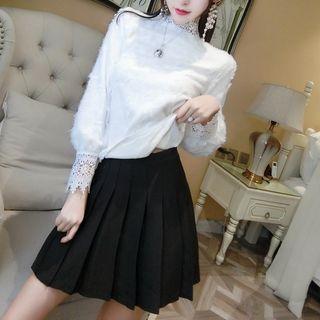 Lace-panel Mock-neck Long Sleeve Top