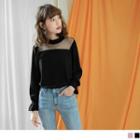 Ruffled Long Sleeve Mesh Panel Chiffon Top