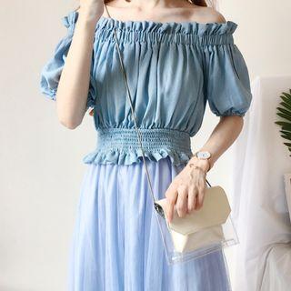 Short-sleeve Off-shoulder Blouse / A-line Midi Mesh Skirt