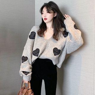 Heart Embroidered V-neck Sweater Gray - One Size