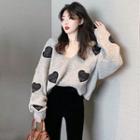 Heart Embroidered V-neck Sweater Gray - One Size
