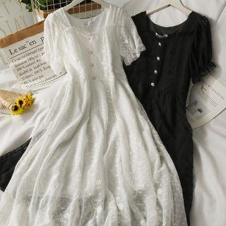 Square-neck Embroidered Chiffon Midi Dress