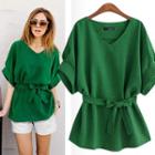 Tie Waist V-neck Elbow-sleeve Top