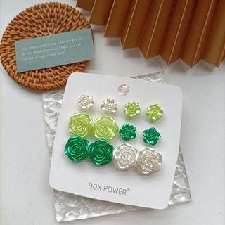 6 Pair Set: Flower Acrylic Earring (various Designs) Set Of 6 Pairs - Silver Needle - White & Green - One Size