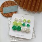 6 Pair Set: Flower Acrylic Earring (various Designs) Set Of 6 Pairs - Silver Needle - White & Green - One Size
