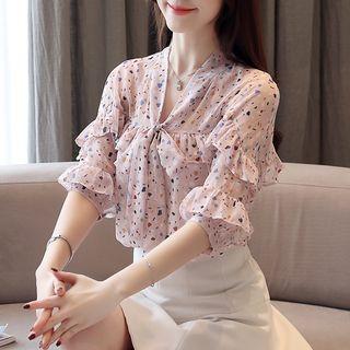 Print Elbow-sleeve Tie-neck Chiffon Blouse