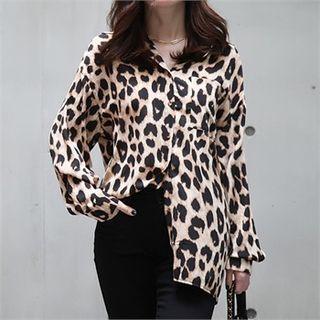 Pocket-front Leoaprd Print Blouse Brown - One Size
