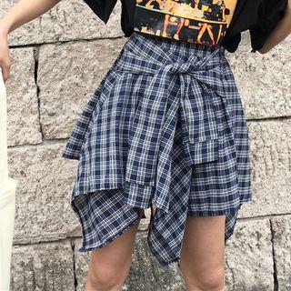 Tie-front A-line Plaid Skirt
