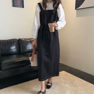 Set : Round-neck Top + Midi Overalls Dress