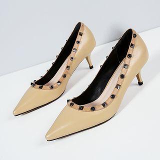 Genuine Leather High-heel Studded Pumps