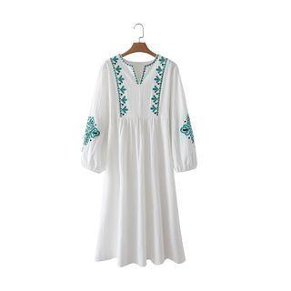 Long-sleeve Embroidered Smock Dress