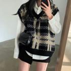 Plain Shirt / Plaid Sweater Vest / Asymmetrical A-line Mini Skirt