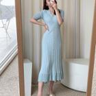 Button-front Short-sleeve Rib-knit Dress Mint Green - One Size