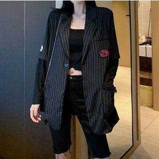 Mock Two-piece Striped Loose-fit Jacket Black - One Size