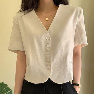 Short-sleeve V-neck Plain Cropped Jacket