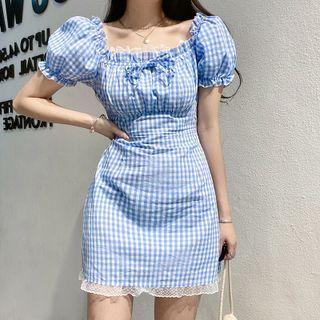 Puff-sleeve Frilled Trim Gingham Sheath Dress