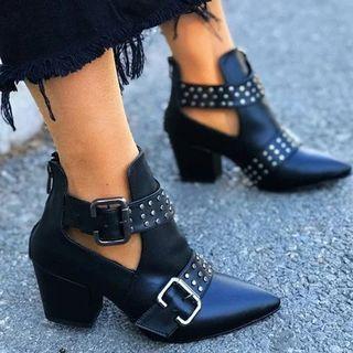 Faux Leather Buckled Pointed Block-heel Ankle Boots