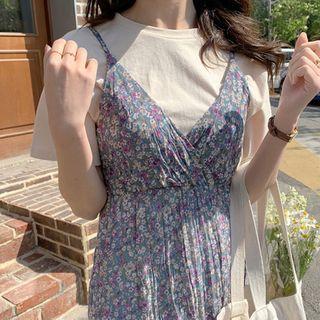Sleeveless Wrap-front Crinkled Floral Dress Light Blue - One Size