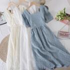 Square-neck Lace-up Strap Puff-sleeve A-line Dress