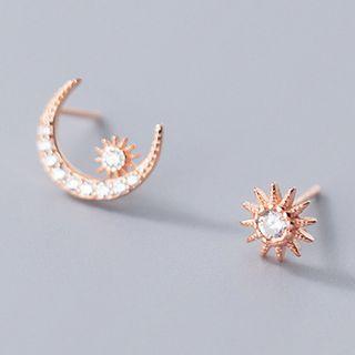 Moon & Star Rhinestone Asymmetrical Sterling Silver Earring