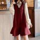 Long-sleeve Mock Two Piece Mini A-line Dress Wine Red - One Size