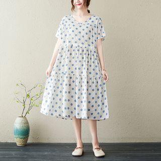 Dotted Drawstring-waist Midi A-line Dress