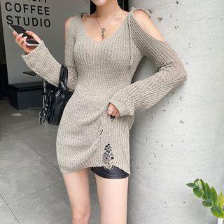 Cold-shoulder Distressed Knit Top