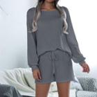 Set: Plain Print Long-sleeve Knit Crop Top + Knit Shorts