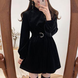 Puff-sleeve Pleuche A-line Dress Black - One Size
