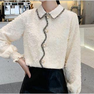 Fringed Faux Pearl Button Chiffon Blouse