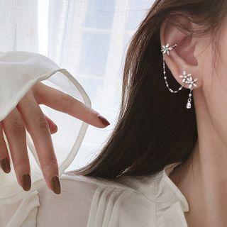 925 Sterling Silver Rhinestone Flower Chain Dangle Earring 1 Pair - 925 Silver - Silver - One Size